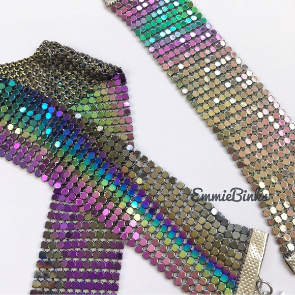 ✨3for$38 New 2 Piece Oil Slick Holographic Metallic Mesh Choker & Bracelet Set - Picture 9 of 15